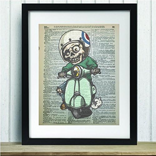 Upcycled Vintage Dictionary Art Print - Skeleton on a scooter - 8x10 Unframed