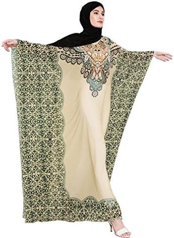 Women's Muslim Islamic Kaftan Abaya Lace Cardigan Loose Robes Rayon Print Middle East Long Dress (Free Size, Yellow)