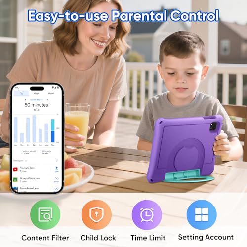 aiprotablet 10 inch Kids Tablet, Android 16 Tablet for Kid, Octa-Core CPU, 24GB RAM, 64GB ROM 1TF Card Expandable for Toddler Children,Tablets with Case, Parental Control, 6000mAh,WiFi, BT5.0 (Purple)