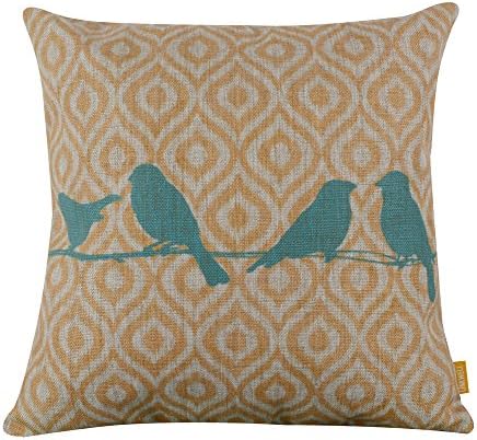 LINKWELL 18x18 inches Forest Bird Yellow Ikat Geometry Burlap Pillow Cover