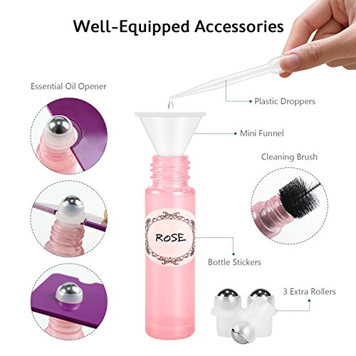 Pearl Colored Essential Oil Roller Bottles - 12 Pack, 10ml Glass Roller Bottles for Essential Oils By Mavogel, 3 Extra Roller Balls, 24 Pieces Labels, Droppers, Opener, Funnel and Brush Included - Thumbnail 2