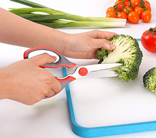 Multifunction Kitchen Scissors 2-Piece Set WELLSTAR, Heavy Duty Food Shears for Chicken Meat Vegetable Fish Herb Poultry Stainless Steel Cooking Scissors with Comfortable Handle Scissors Set (Red)