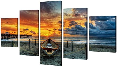 Large Sunset Boat Canvas Print Wall Art Painting 5 Pieces Seaside Evening Clouds Landscape Painting Poster for Modern Home Office Decoration-Framed,Ready to Hang