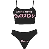 Multitrust Sexy Women Come Here Daddy Please Strappy Lingerie Set 2PCS Slutty Underwear Tank Tops and Panty Pajamas Sleepwear
