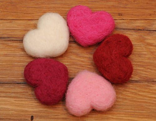 Needle Felted Hearts, Red Pink White Wool, Valentines Set of 5