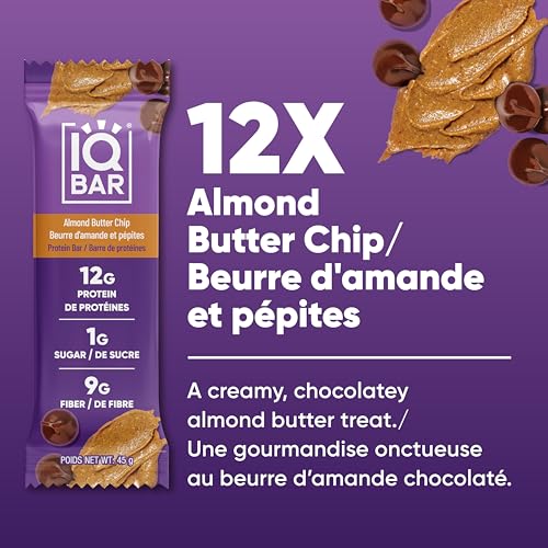 IQBAR Clean Plant Protein Bars - Almond Butter Chip - 12 Count - Keto, Vegan, High Fiber, Gluten and Dairy Free, Low Sugar Snack - Brain and Body Nutrients for Focus, Energy, Meal Replacement