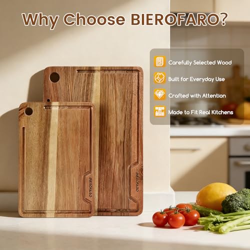 Acacia Wood Cutting Board Set of 2 for Kitchen – Natural Wooden Cutting Boards with Deep Juice Groove, Food Safe Hardwood, Large & Small Sizes (38x25cm & 30x20cm)