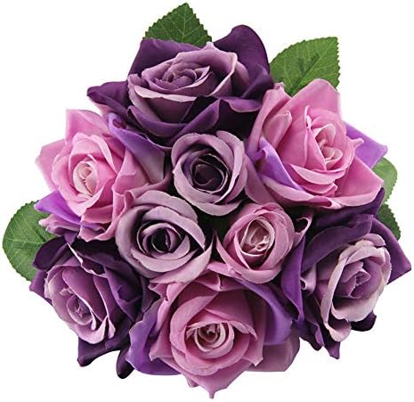 chunqi Artificial Flowers, Fake Flowers Silk Plastic Artificial Roses 9 Heads Bridal Wedding Bouquet for Home Garden Party Wedding Decoration (Purple)