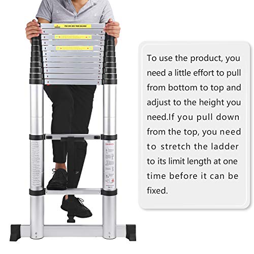 AODI Aluminum Telescoping Ladder with Stabilizer Bar, Telescopic Extension Multi Purpose Ladders Portable EN131 Certified for Industrial Household Daily (12.5 FT and 330 LB)