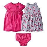 Gerber Baby Girls' 3 Piece Dress Set, Pink Navy Hearts/Grey Ladybug, 18 Months