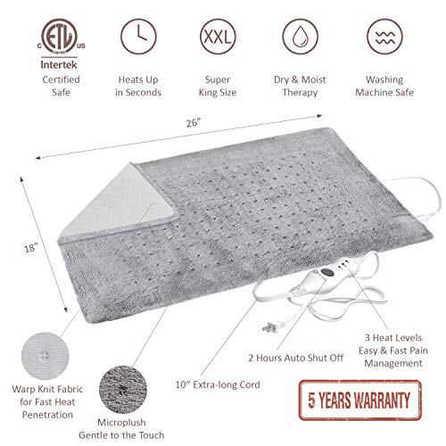 XXL Heating Pad - Electric Heating Pad for Moist and Dry Heat Therapy - Fast Neck/Shoulder/Back Pain Relief at Home (18" x 26"), GENIANI (Soft Gray) - Thumbnail 2