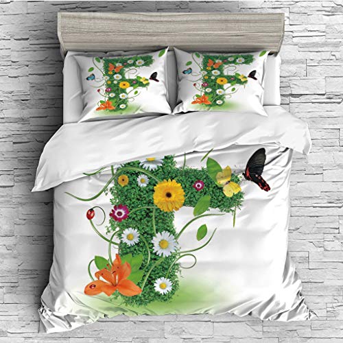 3 Pieces (1 Duvet Cover 2 Pillow Shams)/All Seasons/Home Comforter Bedding Sets Duvet Cover Sets for Adult Kids/Singe/Letter F,Natural Inspirations with Animals and Flowers Butterflies Daisies Pattern