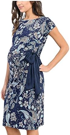BABUBALA Nice Women's Adjustable Side Tie Knee Length Printed Short Sleeve Maternity Dress NavyLarge