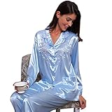 Womens Silk Satin Pajamas Set Sleepwear Loungewear Blue 2XL