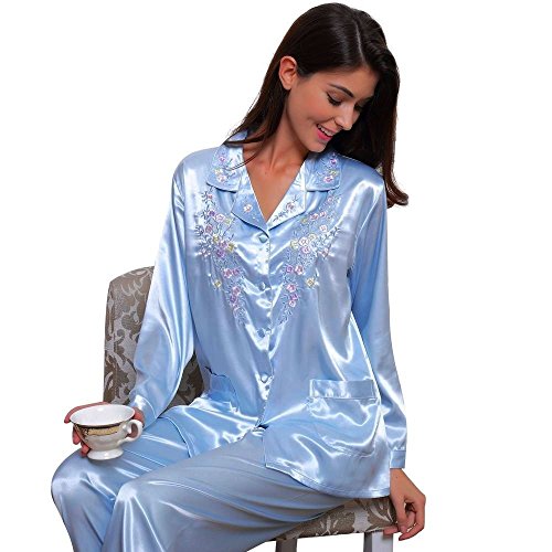 Womens Silk Satin Pajamas Set Sleepwear Loungewear Blue 2XL