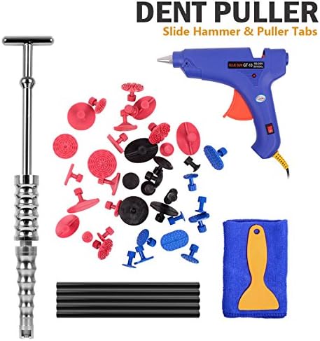WHDZ Car Dent Repair Tools Dent Lifter Paintless Removal Kit PDR Puller Grip PRO Slide Hammer T-Bar Tool + 39pcs Glue Puller Tabs Glue Gun for Vehicle SUV Car Auto Body Hail Damage Remover