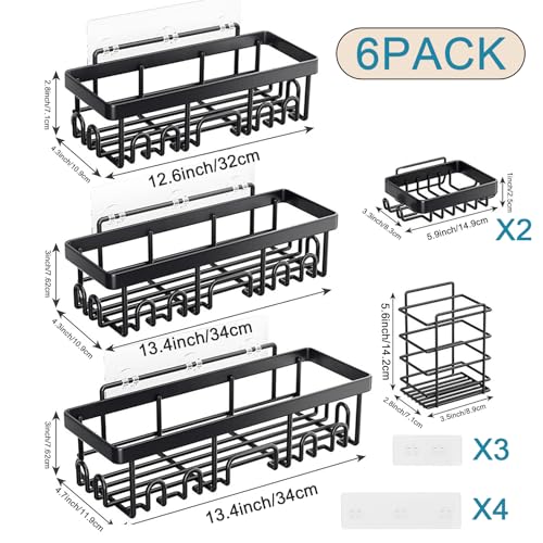 Adhesive Shower Caddy, 6 Pack Shower Organizer Storage, No Drilling Shelf Rack with Soap Holder, Large Capacity Bathroom & Toilet Storage, Wall Mounted Organization for Kitchen & Home Décor,(Black)