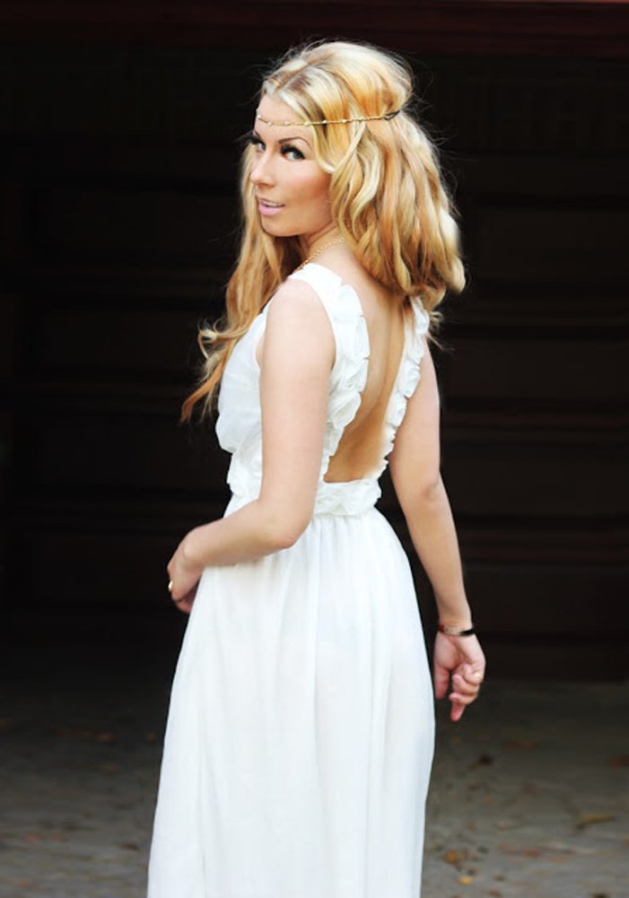 Lookbookstore Summer Fashion White Chiffon 3D Rose Open Back Women's Maxi Dress