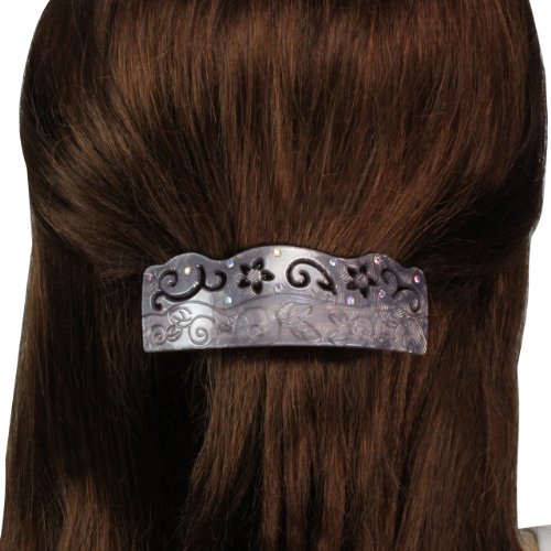Vine Flower Etched Crystal Rhinestone Hair Barrette - Lavender Gray