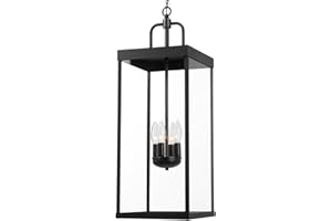 Diyel Large Outdoor Pendant Lantern Light Fixture for Front Porch, 28 Inch 4-Light Black Exterior Hanging Chandelier with Clear Glass, Outdoor Indoor Pendant Lamp for Patio, Gazebo, Entryway, Doorway