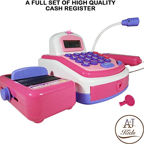 ANJ Kids Toys - Durable Pretend Play Cash Register Toy for Kids | POS Scanner, Microphone, Calculator, Card Terminal and Conveyor Belt | Supermarket Cashier Toy with Play Money and Groceries!
