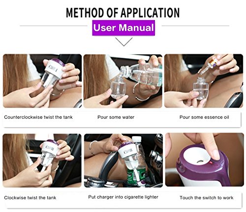 Car Humidifier Mini Air Purifier Aroma Diffuser Air Freshener Purifier Aromatherapy Mist Maker with 180 Degree Rotation Suit for Water Soluble Essential Oils Protable Diffuser with 2 USB Ports--purple