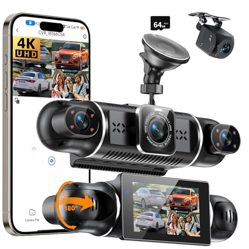 Dashcam Auto Vorne Hinten 4K/1080P,4 Kanal Auto Kamera mit 64GB SD-Karte,360°Dash Cam mit parküberwachung,4X140° Weitwinkel,3" IPS-Bildschirm,WDR Nachtsicht(8 IR-LEDs),G-Sensor,Loop-Aufnahme,WiFi App