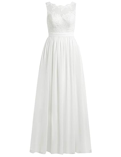 Brautkleider Lang A-Linie Spitze Chiffon Rückenfrei Hochzeitskleider Damen Standesamt Kleid Ärmellos Schlicht