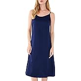 Xintianji Women's Basic Satin Silky Full Slip Midi Loose Dress with V-Neck Sexy Cami Adjustable Spaghetti Strap Lounge Wear Nightgown Dresses Fit Party Wedding Night Date Daily Dark Blue Large