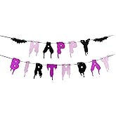 Halloween Happy Birthday Banner – Bday Party Decoration, Glitter Bloody Hanging Garland with Spooky Bats, Halloween Theme Party Supplies, Indoor & Outdoor