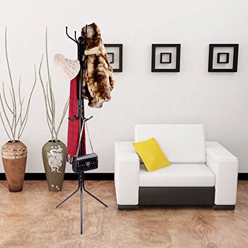 12-Hook Standing Coat Hat Rack Metal Umbrella Stand, Black CR12