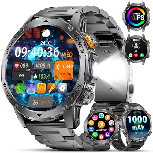 Smartwatch Men's Military 1000 mAh Battery/1.75 Inch HD Large Display, Smartwatch with Torch/Bluetooth Calls/130+ Sports Modes, IP68 Waterproof Fitness Watch with Heart Rate/Sleep Monitor, for Android iOS