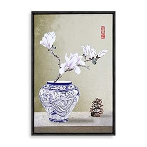Framed Canvas Wall Art for Living Room, Bedroom Blue and White Porcelain Canvas Prints for Modern Home Decoration Ready to Hang - 16"x24" inches