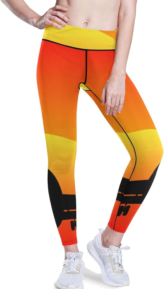 Yoga Pants for Women, Airplane at Sunset Vector High Waist with Pocket