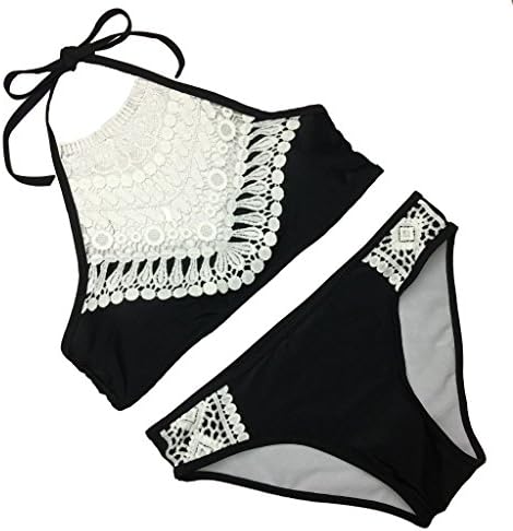 Tengweng Fashion Women Sexy Lace Splicing High Neck Padding Tankini Bikini Swimsuit XL Black