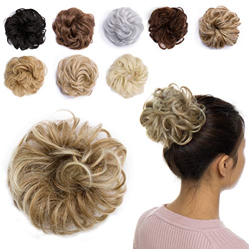 Messy Hair Bun Extensions Synthetic Updo Chignons Donut Elastic Bride Bun Ponytail Scrunchy Hairpiece Wig Accessory for Women 35g Yellowish Brown Mix Bleach Blonde-Medium