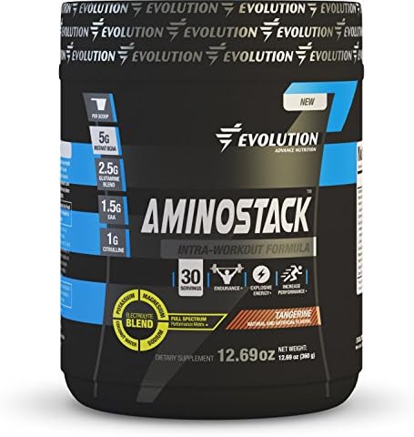 Evolution Advance Nutrition AMINO STACK - INTRAWORKOUT FORMULA WITH 5 gr BCAA+EAA+GLUTAMINE+CITRULINE+ELECTROLYTES w/Coconut Water+ENERGY to increase your Performance. 360 gr 30 servings.(TANGERINE)