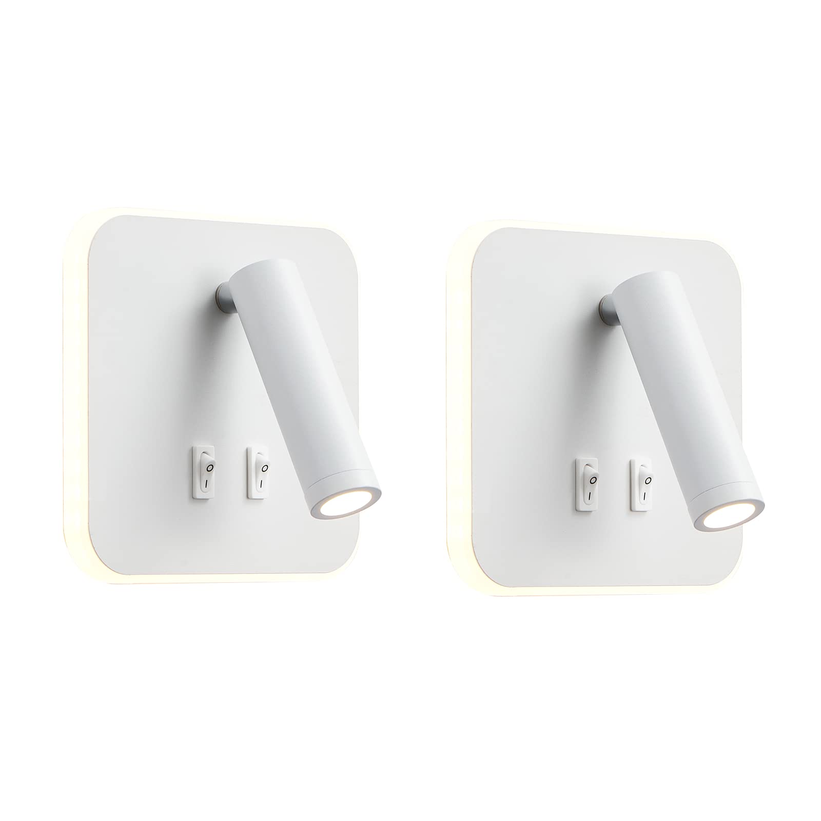 uksunvi LED Wall Mounted Lamp,Bedside Reading Wall Light,12W LED Wall Lamp, Adjustable Spotlight （3W +9W 3000K Warm Light） (2PCS White Square)