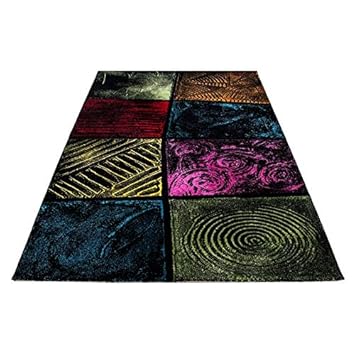 Designer Teppich Modern Kurzflor Bunt Kariert Muster Linien Meliert Multicolour