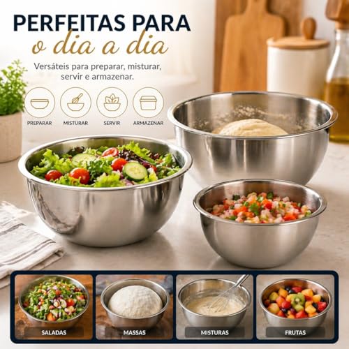 Conjunto 3 Tigelas Inox Premium 18cm 20cm 22cm – Bowls Aço Inoxidável Empilháveis Resistentes para Salada Massa Mistura Cozinha Profissional Durável