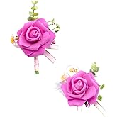 Floinla Hot Pink Corsage and Boutonniere Set Artificial Rose Wrist Corsage Wristlet Band Bracelet and Men Boutonniere Set for Wedding Flowers Accessories Prom Party Decoration