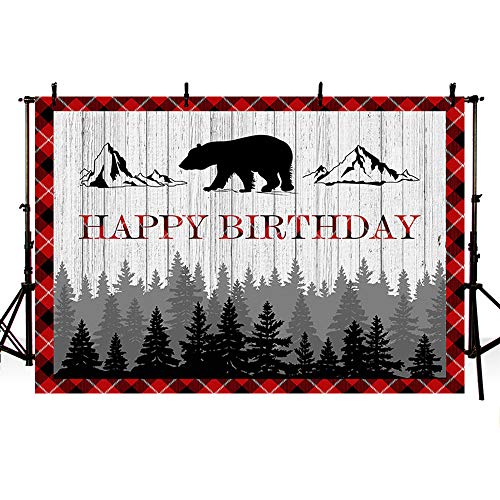 MEHOFOTO Happy Birthday Photography Backdrop Boy Red Black Plaid Bear Camping Adventure Tribal Party Decoration Banner Wood Pine Trees Photo Studio Background 7x5ft