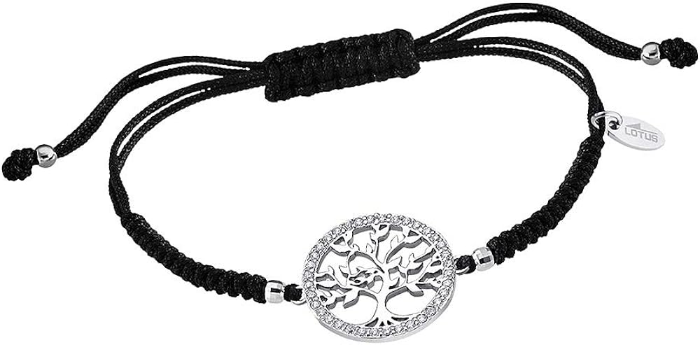 Lotus Silver Bracciale Albero Della Vita In Argento 925 E Tessuto Nero: Con Zirconi E Prolunga 16 Cm