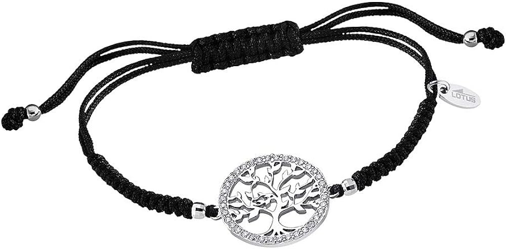 Lotus Silver Bracciale Albero Della Vita In Argento 925 E Tessuto Nero: Con Zirconi E Prolunga 16 Cm