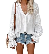 Elapsy Womens V Neck Lace Crochet Shirts Bell Sleeve Button Down Casual Tunic Blouses Tops