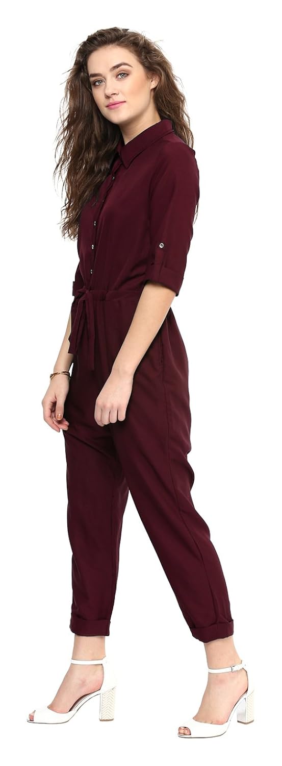 uptownie lite women's crepe roll up jumpsuit (maroon)