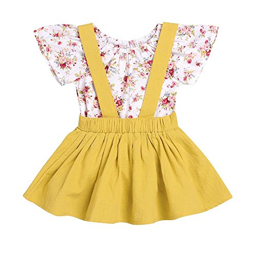 2Pcs Infant Baby Girls Summer Cute Floral Print Rompers Jumpsuit Strap Skirt Outfits Set 0-24M (Yellow, 6-12 Months)