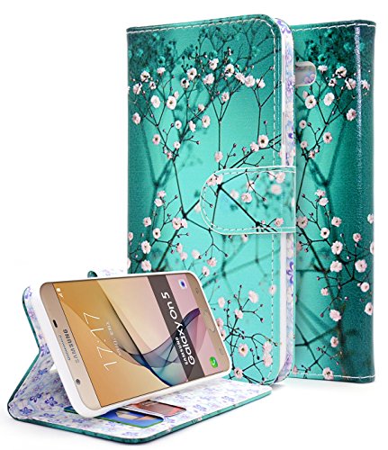 Galaxy J5 Prime Case, Galaxy On5 Case(G570 2016 Version Only), NageBee [Kickstand Feature] Premium PU Leather Flip Fold Wallet Case with [ID&Credit Card Slot]- Plum Blossom