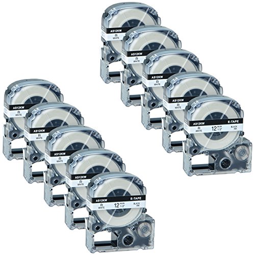 GREENCYCLE 10 Pack Compatible Epson LabelWorks Standard LK (Replaces LC) Label Tape LK-4WBN LC-4WBN9 AS12KW Black on White for LW-400 LW-700 LW-1000P Labelworks (1/2" 26ft, 12mm x 8m)