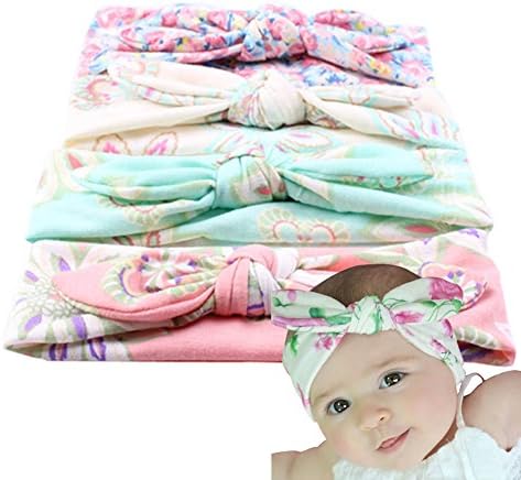 DUOPHY 4 Pcs Baby girls Bohemian Style Floral Print Hairband Elastic Cloth Rabbit Ears Soft Turban Headband Knotted Hair Band
